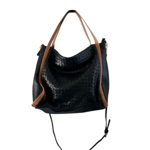 Giorgia Milani Black Leather Woven Shoulder Satchel Bag Brown Trim Made In Italy